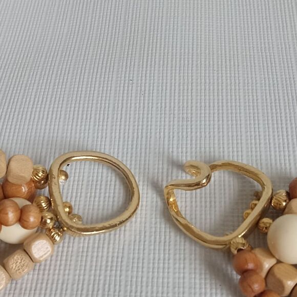 Vintage Tan & Beige Wooden & Metal Beads Multi Strand Layered Statement Necklace - Picture 9 of 9